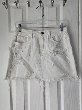 Cello White Distressed Pearl-Embellished Mini Skirt